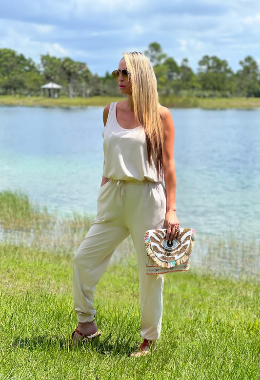 Cream Cuff Jumpsuit