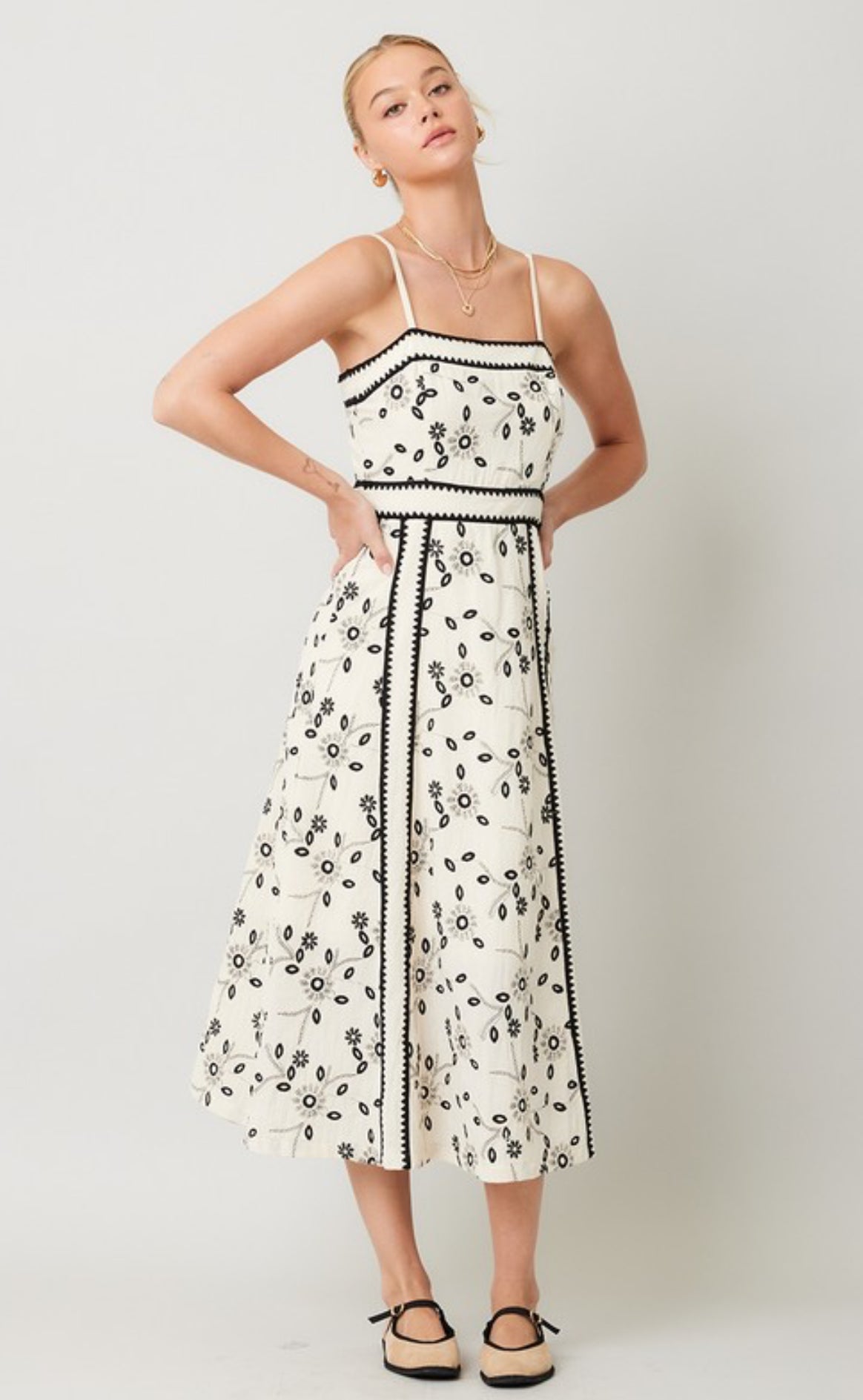 Natural/Black Embroidery Dress