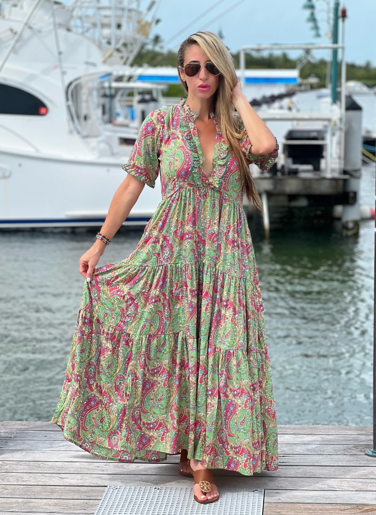 Green Print Long Dress