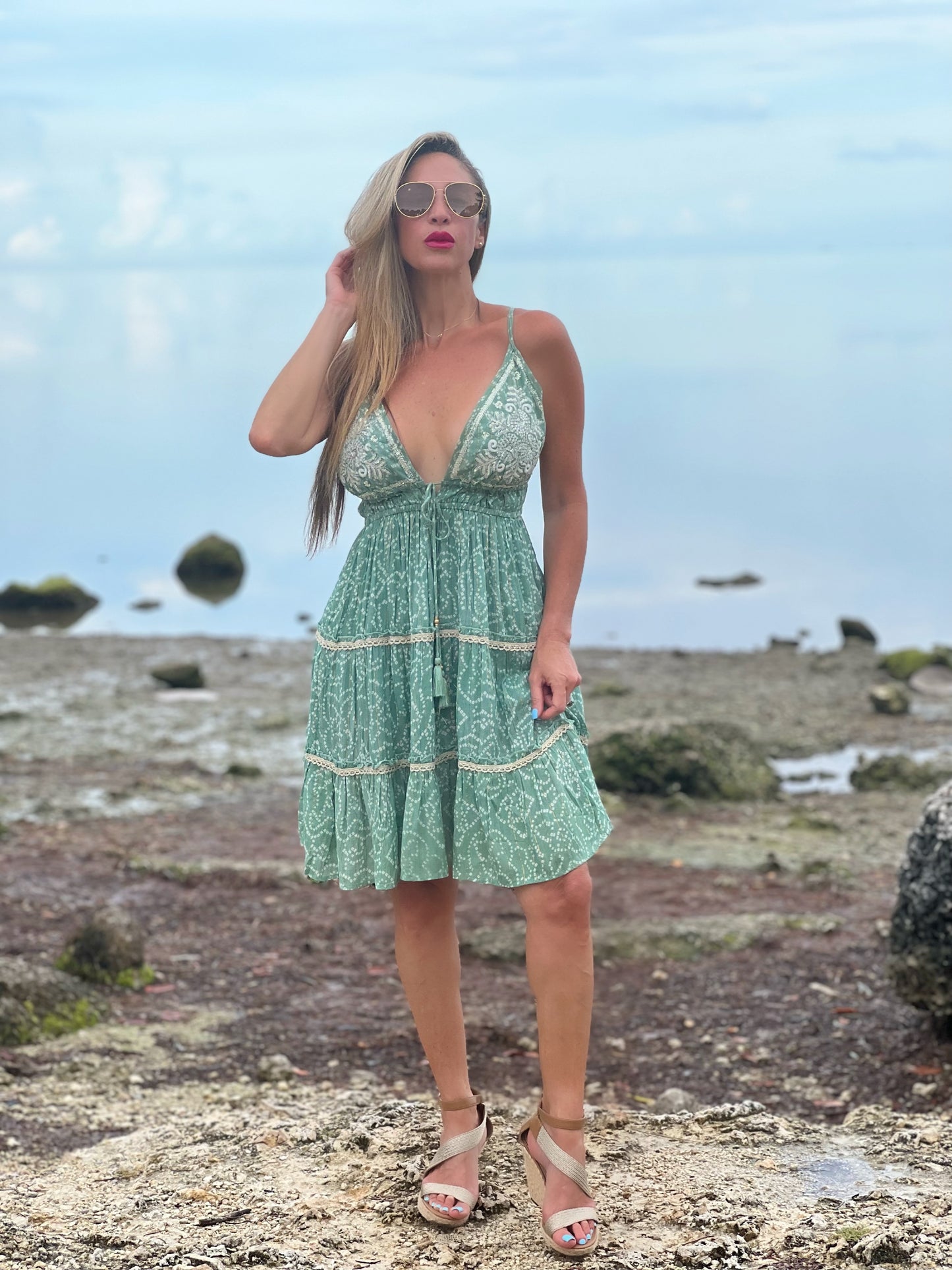 Green Boho Short Dress