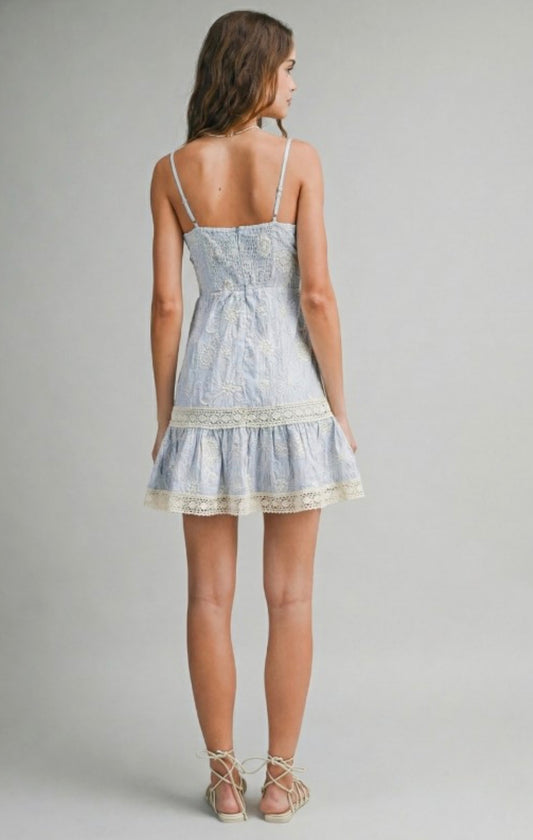 Blue Embroidered Mini Dress
