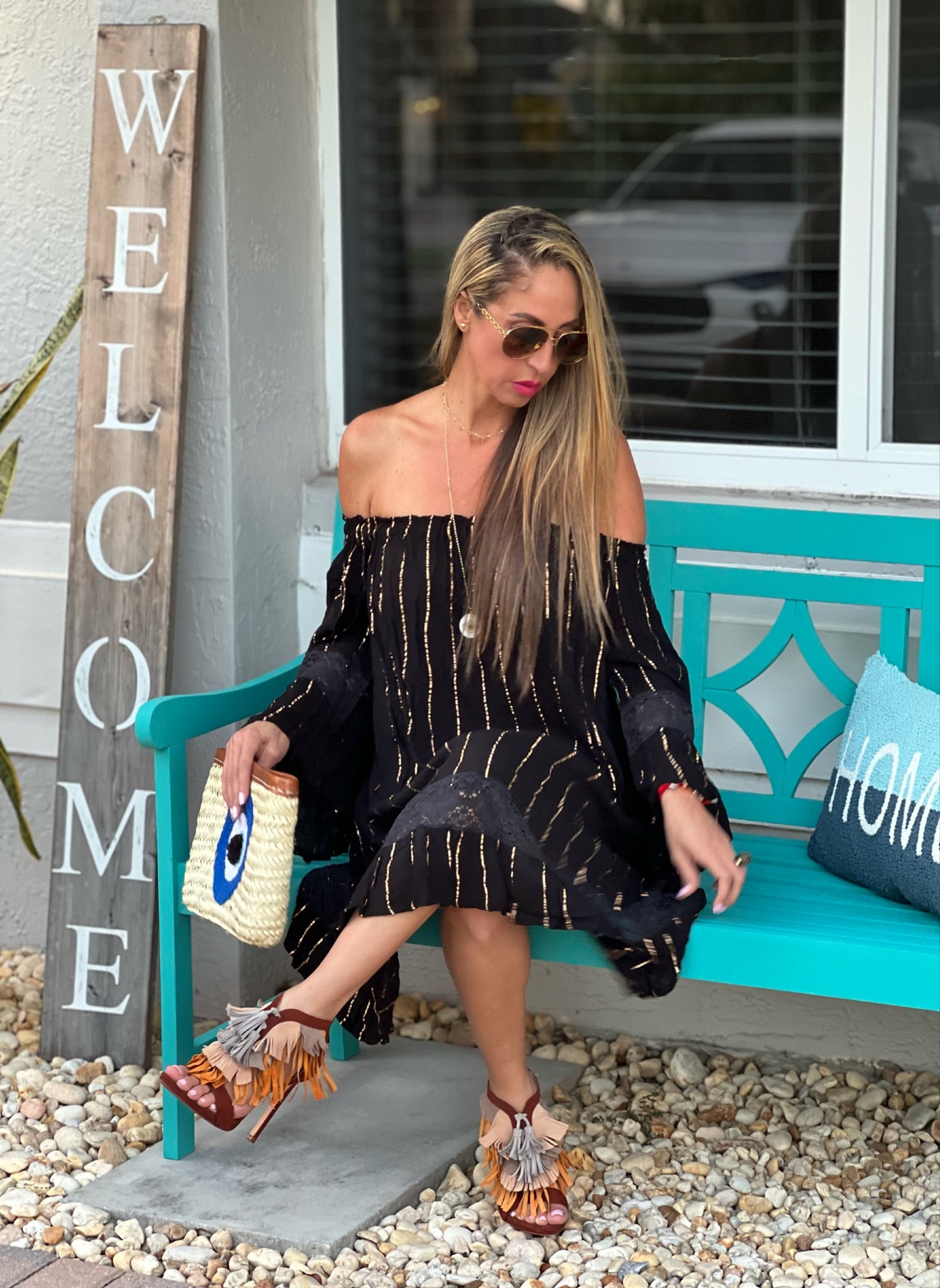 Black + Gold Off Shoulder Mini Dress